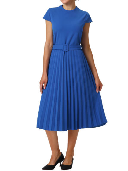 Hobemty- Mock Neck Belted A-Line Pleated Dress