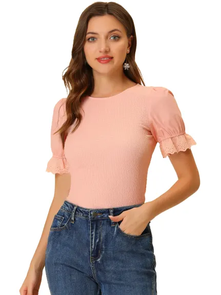 Allegra K- Smocked Round Neck Ruffle Puff Sleeve Blouse