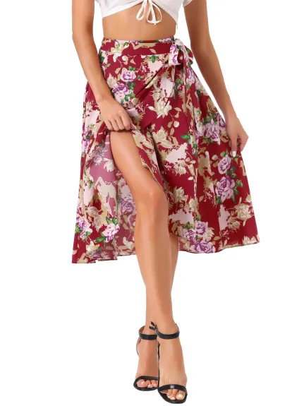 Allegra K- Floral Boho Wrap Midi Skirt