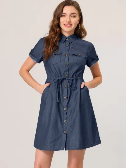 Allegra K- robe Jean Chambray cravate taille printemps Casual bouton vers le bas robes Denim