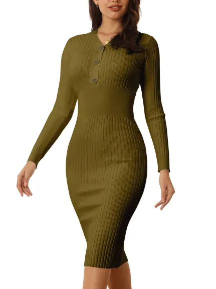 Hobemty- Button Front Knit Bodycon Midi Dress