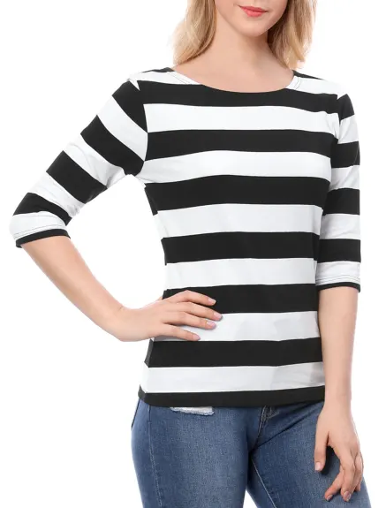 Allegra K- Boat Neck Elbow Sleeve Slim Fit Stripe T-Shirt