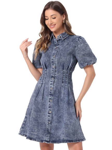 INSPIRE CHIC - Puff Short Sleeve Button Down Jean Dress