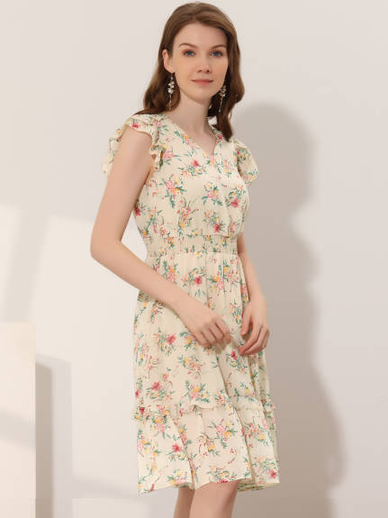 Allegra K- Floral Flutter Sleeves V Neck Smocked Ruffle Dress