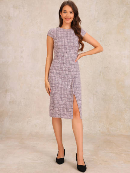 Allegra K - Crewneck Tweed Plaid Bodycon Dress