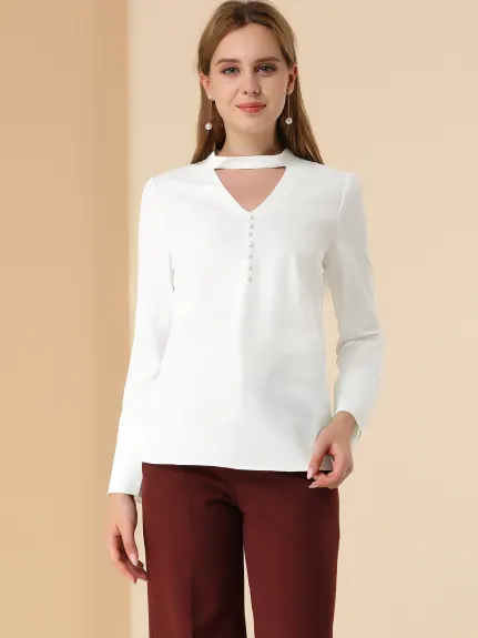 Allegra K- Keyhole Stand Collar Blouse Button Front Shirt