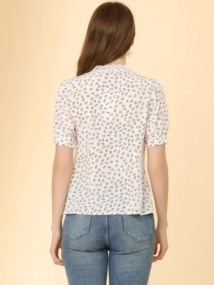 Allegra K- Peasant Short Sleeve Lace Trim Floral Shirt