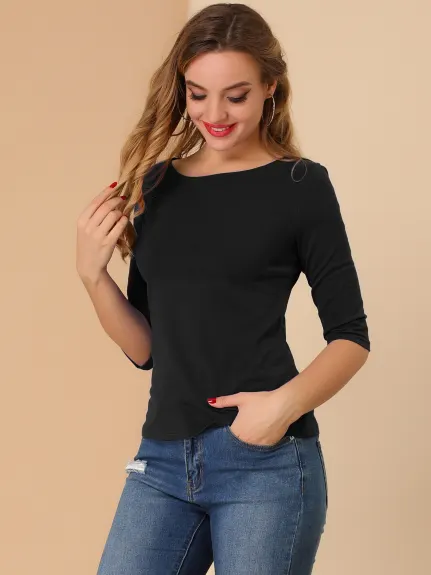 Allegra K- manches coudées col rond coupe Slim Tee