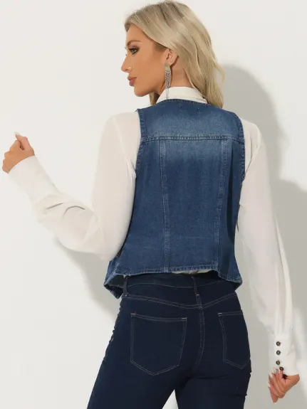 Allegra K- V veste en Denim délavé au cou