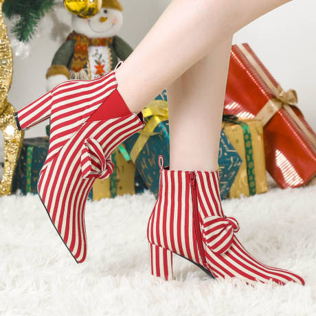 Allegra K - Pointed Toe Bow Striped Ankle Boots