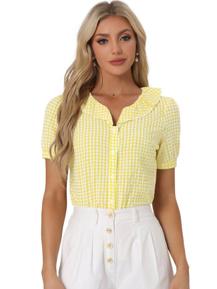 Allegra K- Ruffle Collar Short Sleeve Plaid Shirt