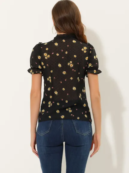 Allegra K- Swiss Dots Floral Chiffon Shirt