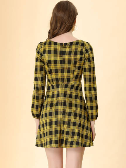 Allegra K- Square Neck Long Sleeve A-Line Plaid Dress