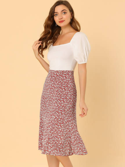 Allegra K- Elastic Waist A-Line Midi Leave Print Skirt