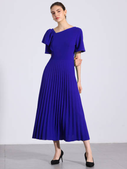 Allegra K - Asymmetrical Neck Pleated Hem Midi Dress