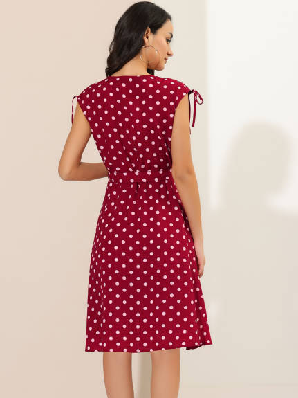 Allegra K- Polka Dots Tie Waist Sleeveless V-Neck Midi Dress