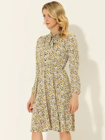 Allegra K- Robe en mousseline ceinturée à imprimé floral et col noué