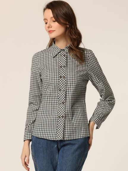 Allegra K- Plaid Point Collar Long Sleeve Double Breasted Shirt