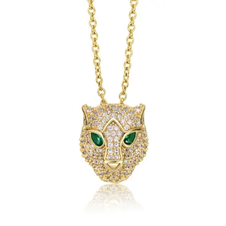 Rachel Glauber 14k Yellow Gold Plated with Emerald & Cubic Zirconia 3D Panther Head Pendant Layering Necklace