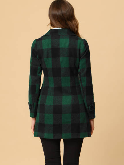 Allegra K- Notched Lapel Double Breasted Plaid Overcoat