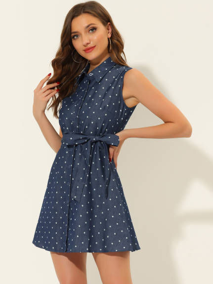 Allegra K- Polk Dots Tie Waist Sleeveless Shirt Dress