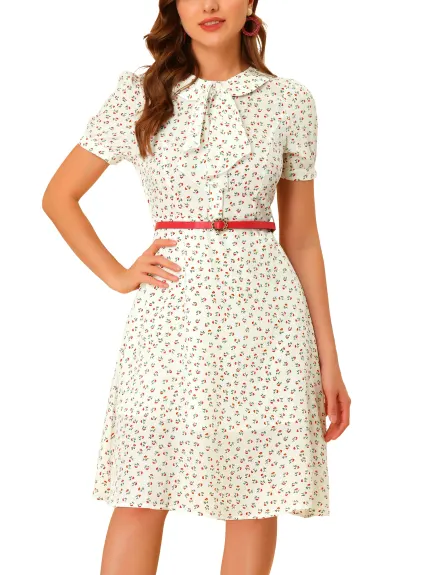 Allegra K- Peter Pan Collar Tie Neck Belted Floral Dress