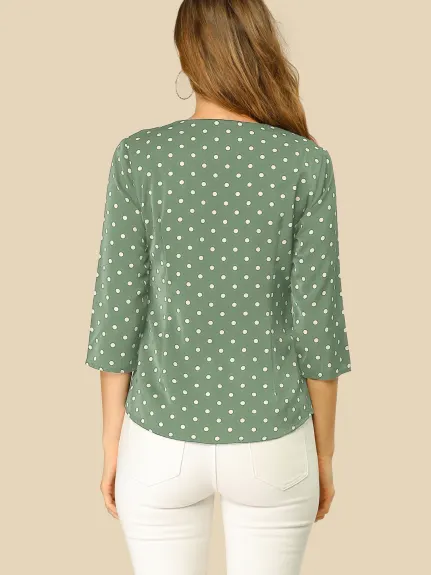 Allegra K- Polka Dots 3/4 Sleeve Button Front Blouse