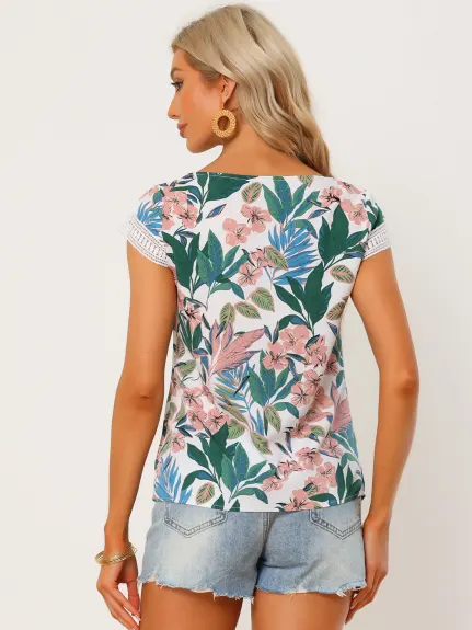 Allegra K- Tropical Boho Crochet Cap Sleeve Top