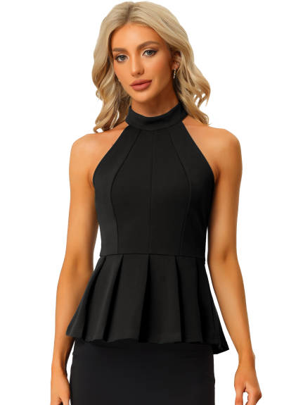 Allegra K - Sleeveless Pleated Halter Neck Peplum Top