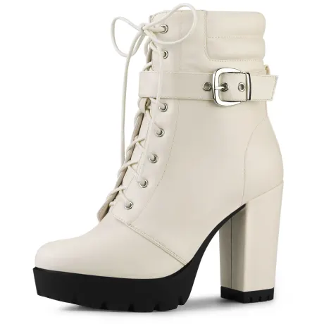 Allegra K - Platform Buckle Lace Up Heeled Ankle Boot