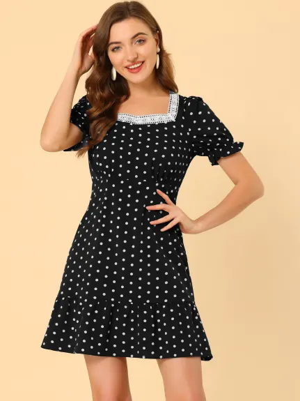 Allegra K- Sweetheart Neck Ruffled Hem Puff Short Sleeve Polka Dots Dress