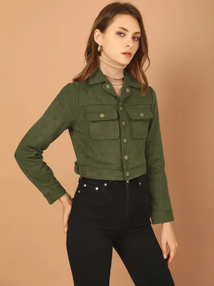 Allegra K- Faux Suede Notched Collar Button Up Cropped Jacket