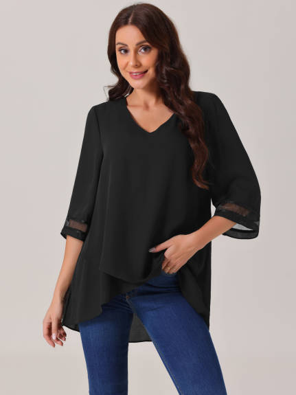 Allegra K - V Neck 3/4 Sleeve High Low Tunic Top