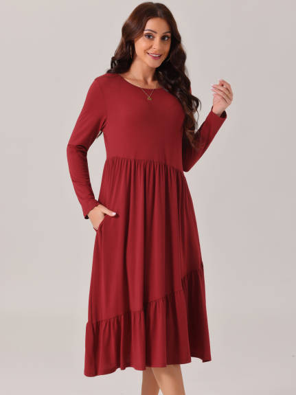 Allegra K - Long Sleeve Pleated Tiered Swing Dress