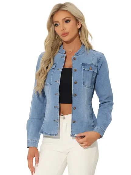 Allegra K- veste Jean Denim col debout pour femme