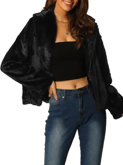 Allegra K- Cropped Notch Lapel Fluffy Coat