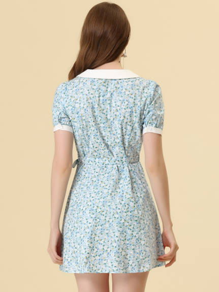 Allegra K- Cotton Collared Floral Print Button Down Belted Waist Dress