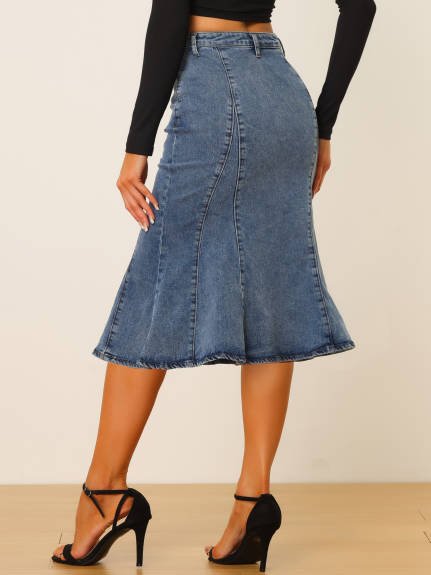 Allegra K- Fishtail Hem Bodycon Denim Midi Skirt