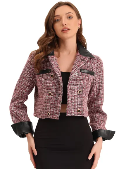 Allegra K - Contrast Collar Tweed Plaid Blazer