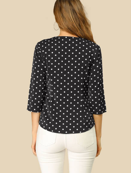 Allegra K- Polka Dots 3/4 Sleeve Button Front Blouse