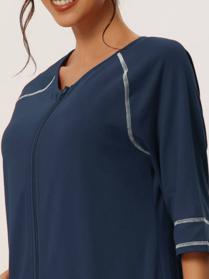 cheibear - Zipper Long Sleeve Midi Nightgown with Pockets