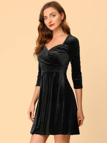 Allegra K- Sweetheart Neck 3/4 Sleeves Fit Velvet Dress