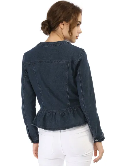 Allegra K - Veste en jean délavée courte à ourlet volanté