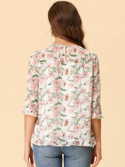 Allegra K- Floral Ruffled 3/4 Sleeve Chiffon Blouse