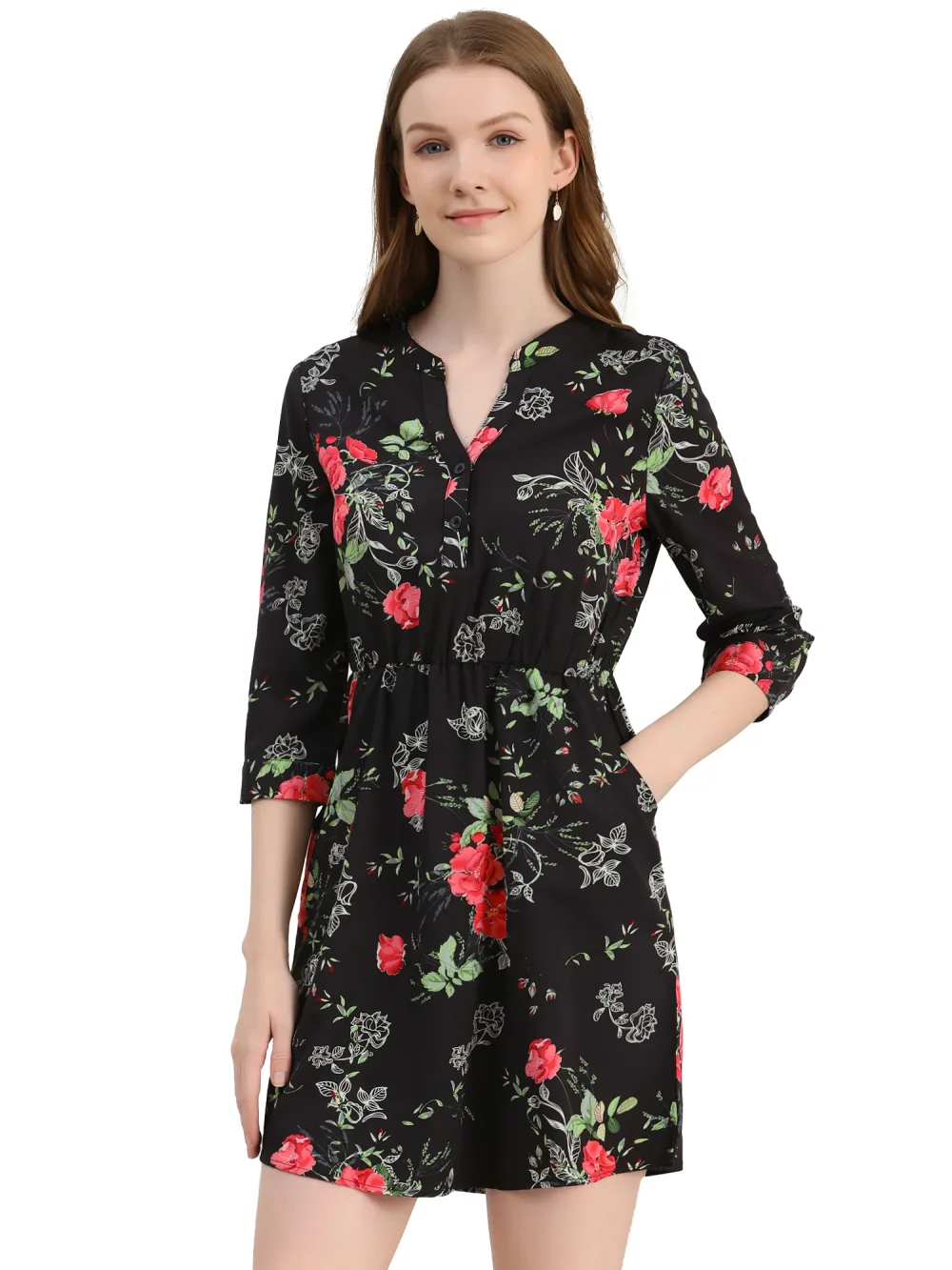 Allegra K- V Neck Floral 3/4 Sleeve Side Pocket Button Dress