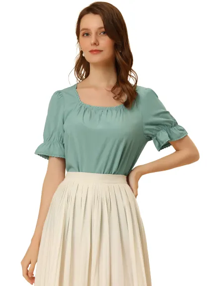 Allegra K - Square Neck Ruffle Short Sleeve Peasant Top