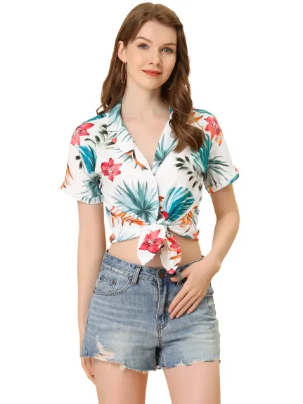 Allegra K- Beach Tropical Floral Leaves Button Down Shirt