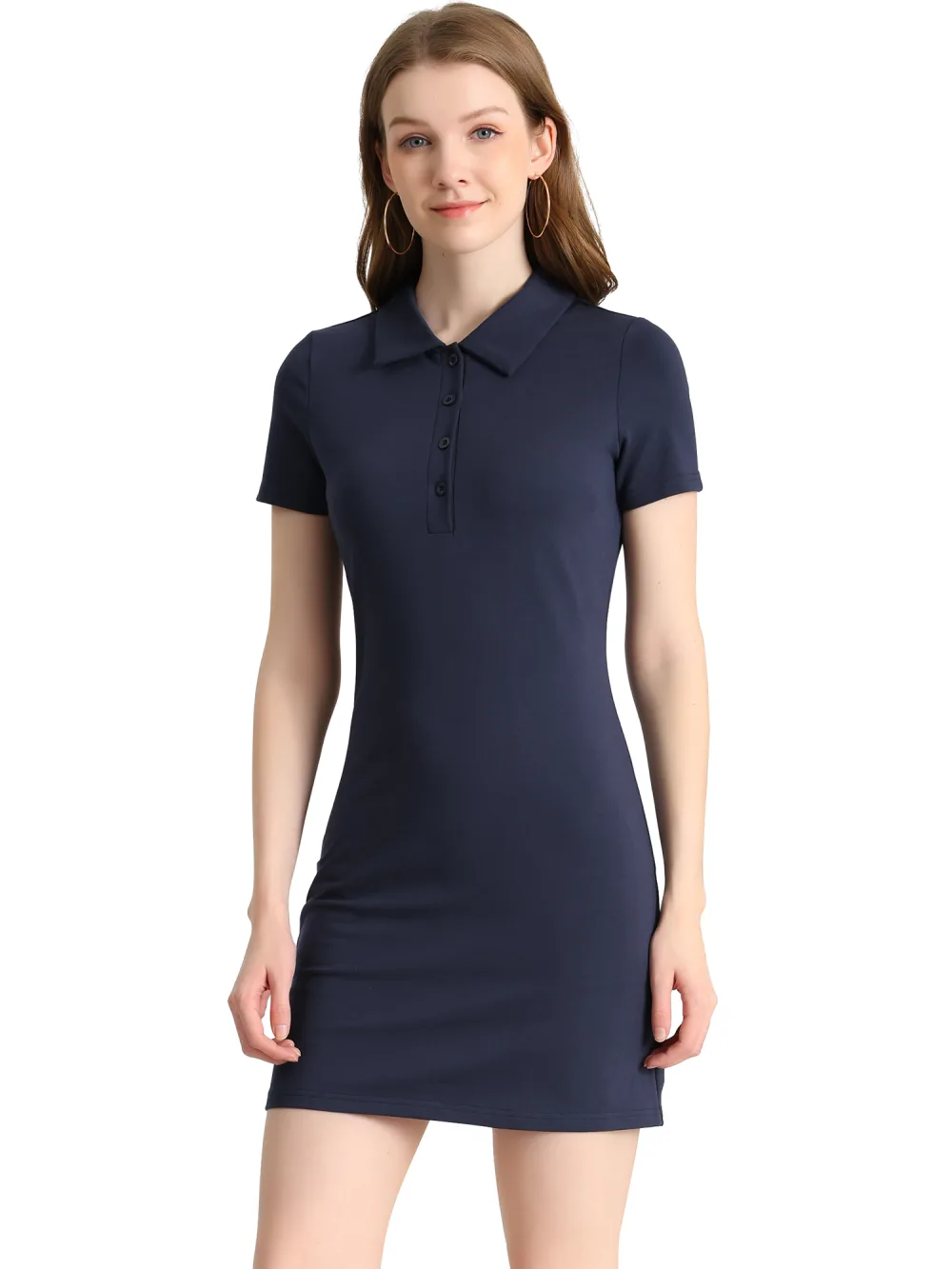 Allegra K- Short Sleeve Polo Collar Stretch Mini Cotton Dress