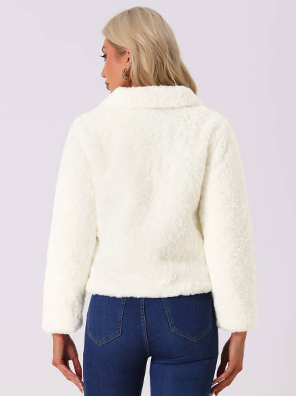 Allegra K - Faux Fur Collar Cropped Fluffy Coat