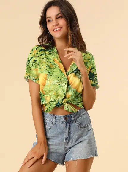 Allegra K - Chemise boutonnée à feuilles florales tropicales de plage